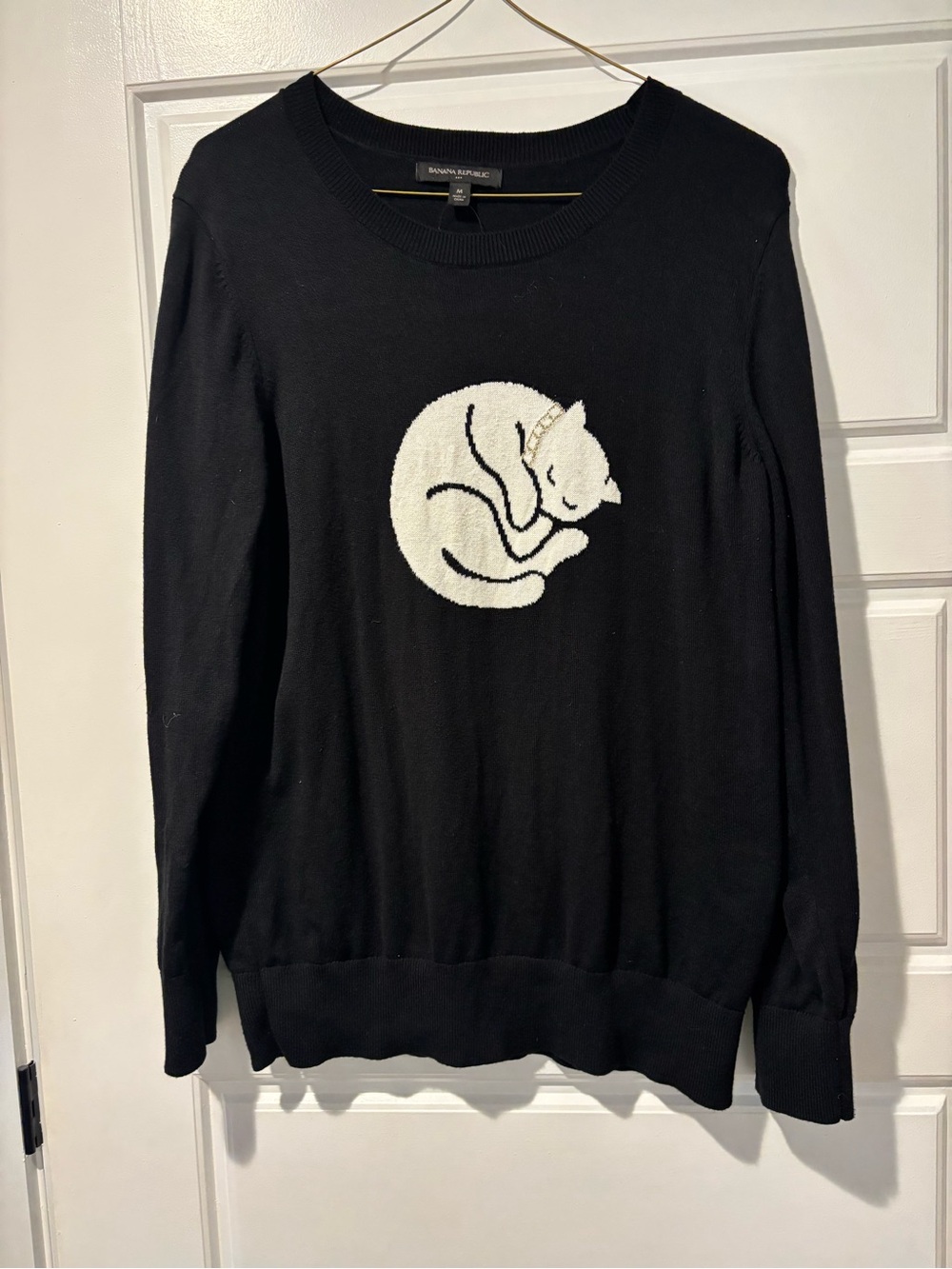 Banana Republic Black Crewneck Sweater with White Cat Motif